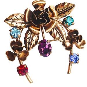 Vintage 1940s Stamped Austria Floral Brooch Multicolor Rhinestone Pin Gold Tone
